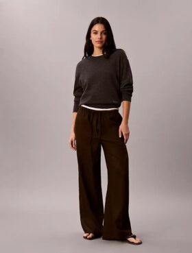 Pantalones de pierna ancha con cordón, mezcla de lino