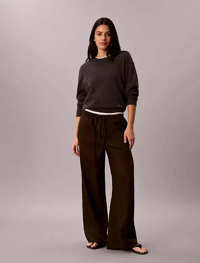 Pantalones de pierna ancha con cordón, mezcla de lino Pantalones de pierna ancha con cordón, mezcla de lino
