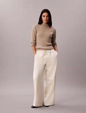 Pantalones de pierna ancha con cordón, mezcla de lino