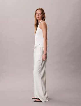 Pantalones de pierna ancha con cordón, mezcla de lino