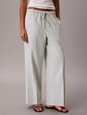 Pantalones de pierna ancha con cordón, mezcla de lino