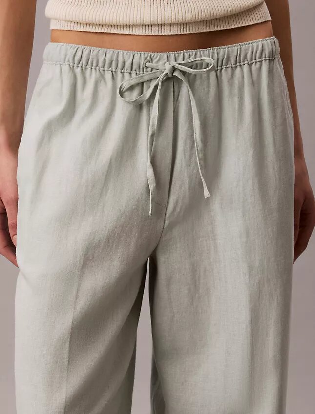 Pantalones de pierna ancha con cordón, mezcla de lino Pantalones de pierna ancha con cordón, mezcla de lino