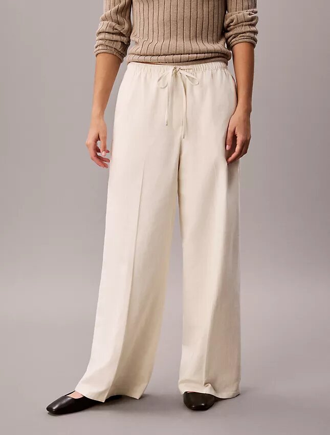 Pantalones de pierna ancha con cordón, mezcla de lino Pantalones de pierna ancha con cordón, mezcla de lino