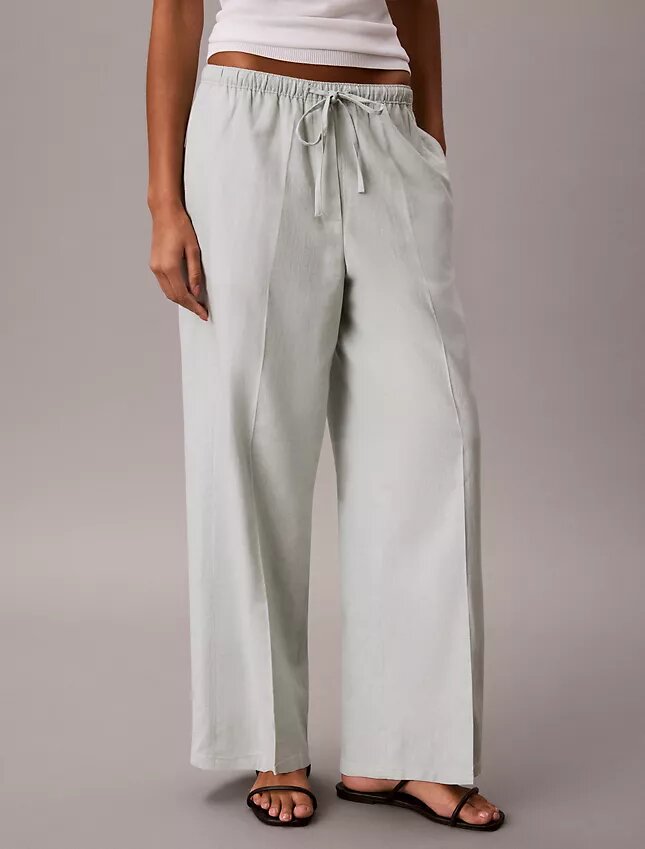 Pantalones de pierna ancha con cordón, mezcla de lino Pantalones de pierna ancha con cordón, mezcla de lino