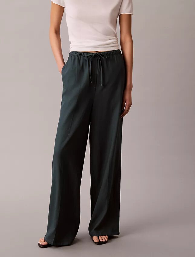 Pantalones de pierna ancha con cordón, mezcla de lino Pantalones de pierna ancha con cordón, mezcla de lino