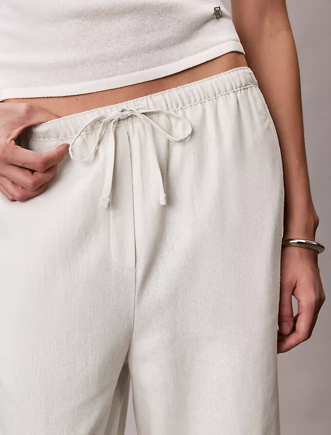 Pantalones de pierna ancha con cordón, mezcla de lino Pantalones de pierna ancha con cordón, mezcla de lino