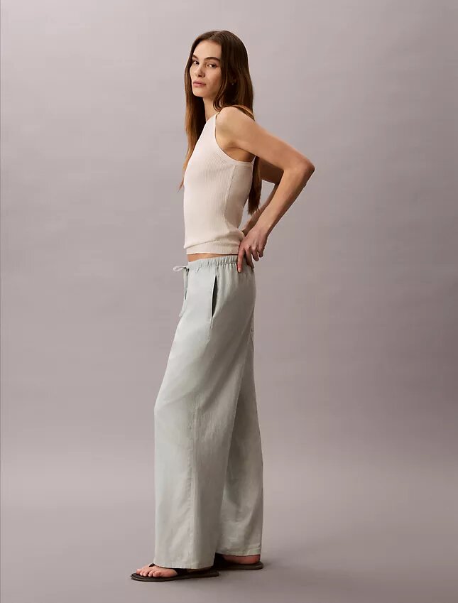 Pantalones de pierna ancha con cordón, mezcla de lino Pantalones de pierna ancha con cordón, mezcla de lino