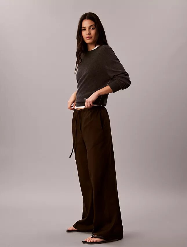 Pantalones de pierna ancha con cordón, mezcla de lino Pantalones de pierna ancha con cordón, mezcla de lino