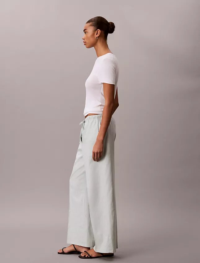 Pantalones de pierna ancha con cordón, mezcla de lino Pantalones de pierna ancha con cordón, mezcla de lino