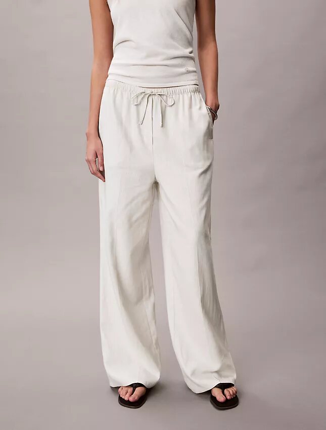 Pantalones de pierna ancha con cordón, mezcla de lino Pantalones de pierna ancha con cordón, mezcla de lino