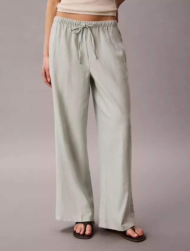 Pantalones de pierna ancha con cordón, mezcla de lino Pantalones de pierna ancha con cordón, mezcla de lino