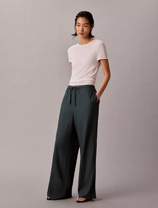 Pantalones de pierna ancha con cordón, mezcla de lino Pantalones de pierna ancha con cordón, mezcla de lino
