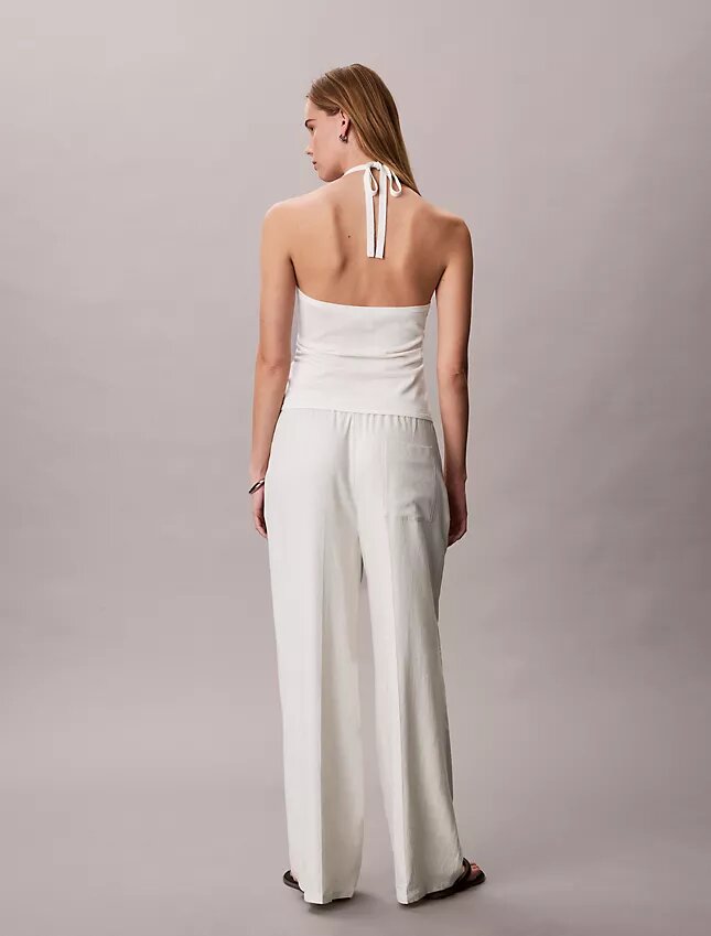 Pantalones de pierna ancha con cordón, mezcla de lino Pantalones de pierna ancha con cordón, mezcla de lino
