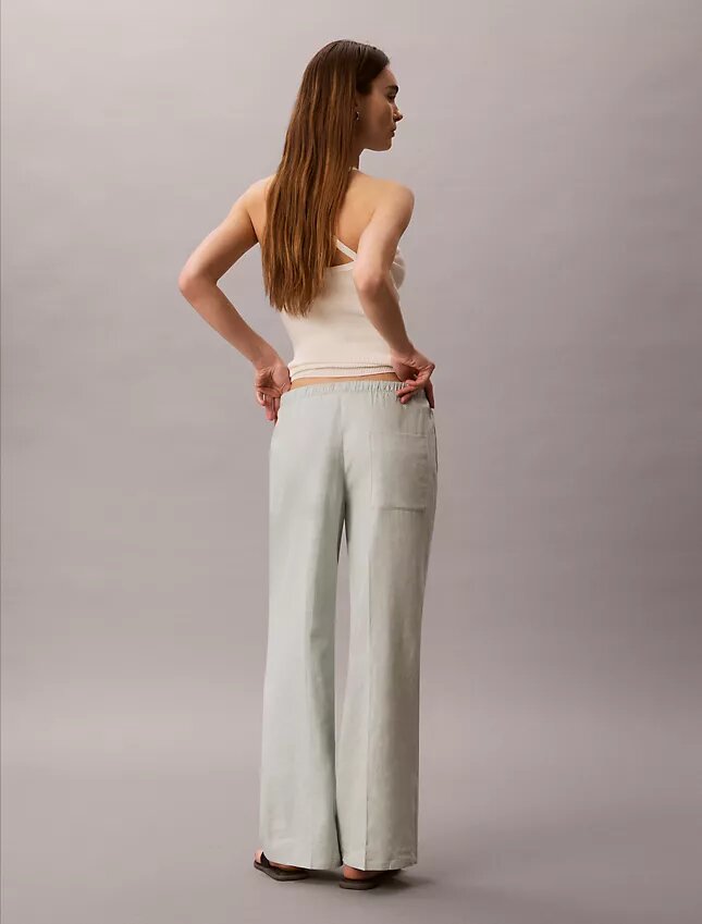 Pantalones de pierna ancha con cordón, mezcla de lino Pantalones de pierna ancha con cordón, mezcla de lino