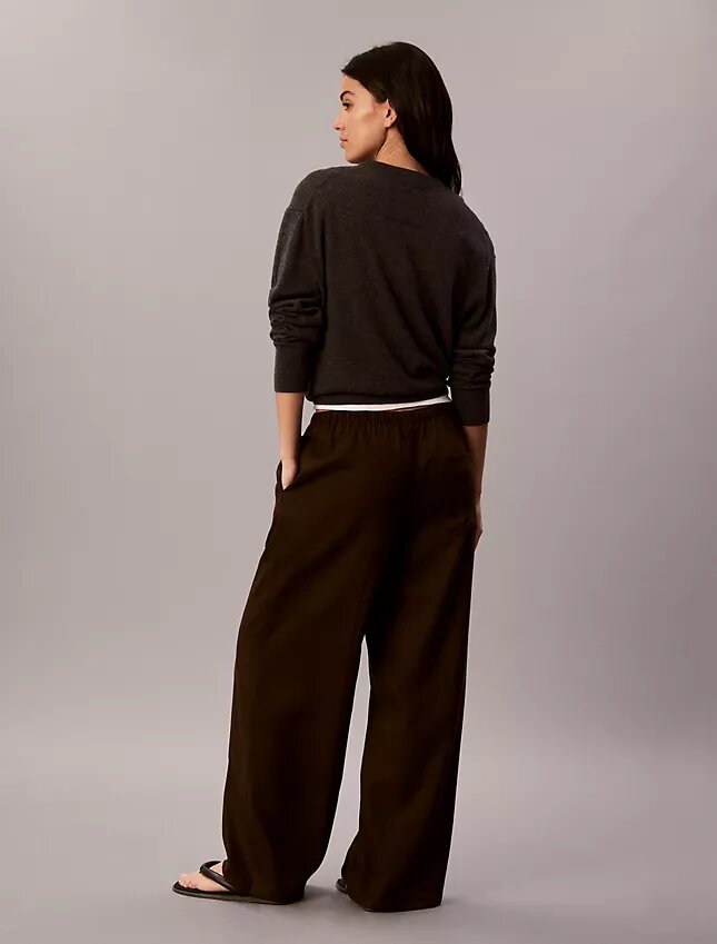 Pantalones de pierna ancha con cordón, mezcla de lino Pantalones de pierna ancha con cordón, mezcla de lino
