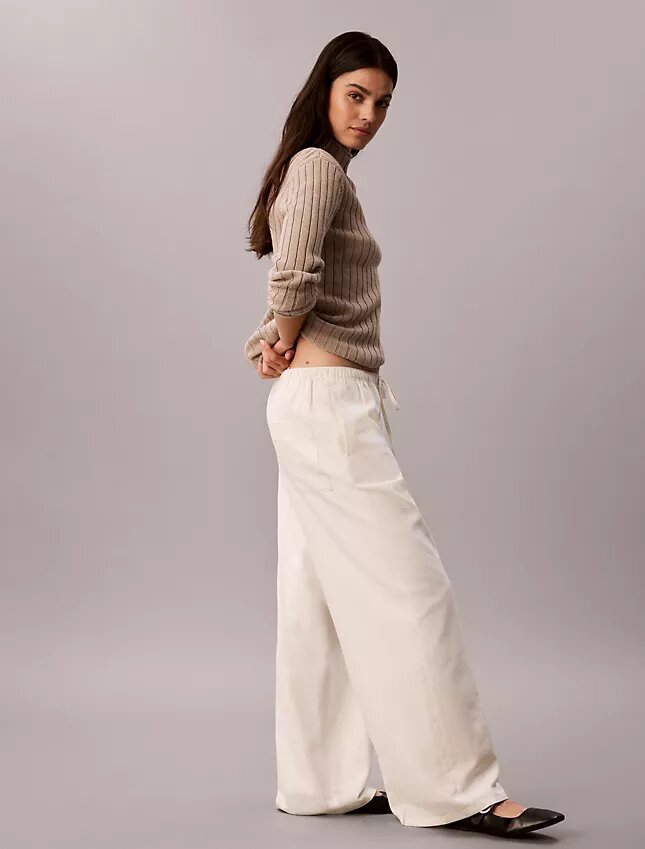 Pantalones de pierna ancha con cordón, mezcla de lino Pantalones de pierna ancha con cordón, mezcla de lino
