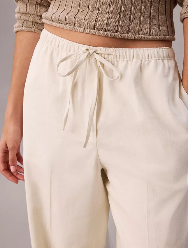 Pantalones de pierna ancha con cordón, mezcla de lino Pantalones de pierna ancha con cordón, mezcla de lino