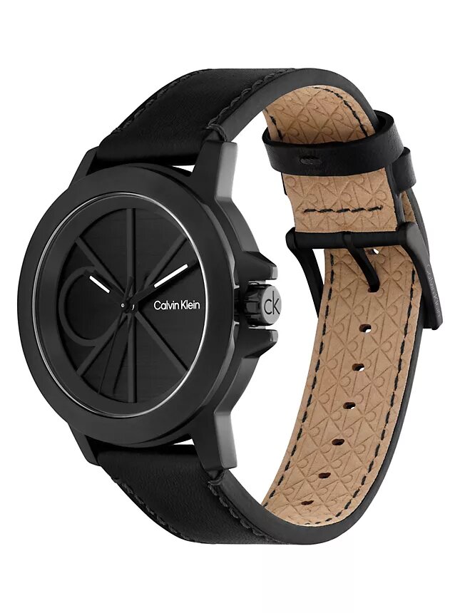 Reloj con esfera con emblema y correa de piel Reloj con esfera con emblema y correa de piel