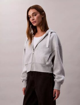 Sudadera con capucha holgada de felpa con cremallera y cinta con el logotipo