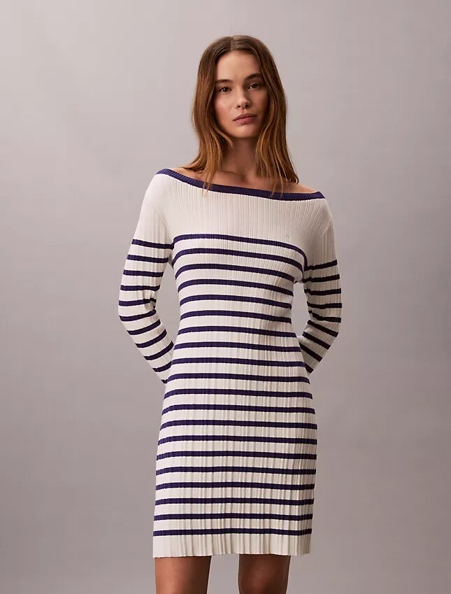 Vestido de manga larga a rayas con canalé Vestido de manga larga a rayas con canalé