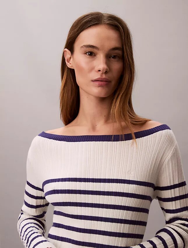 Vestido de manga larga a rayas con canalé Vestido de manga larga a rayas con canalé
