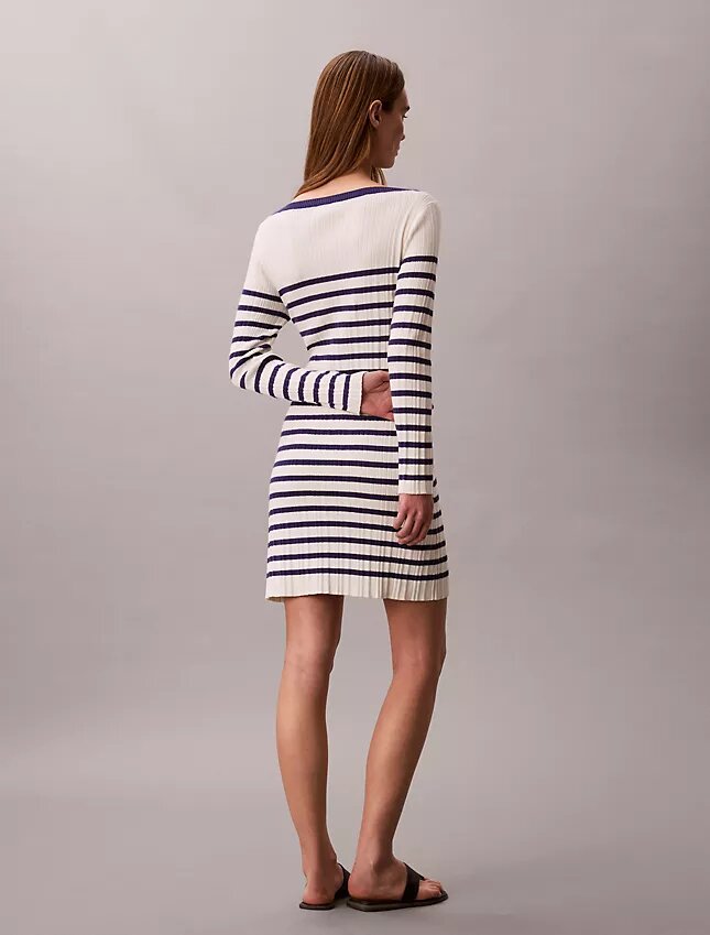 Vestido de manga larga a rayas con canalé Vestido de manga larga a rayas con canalé