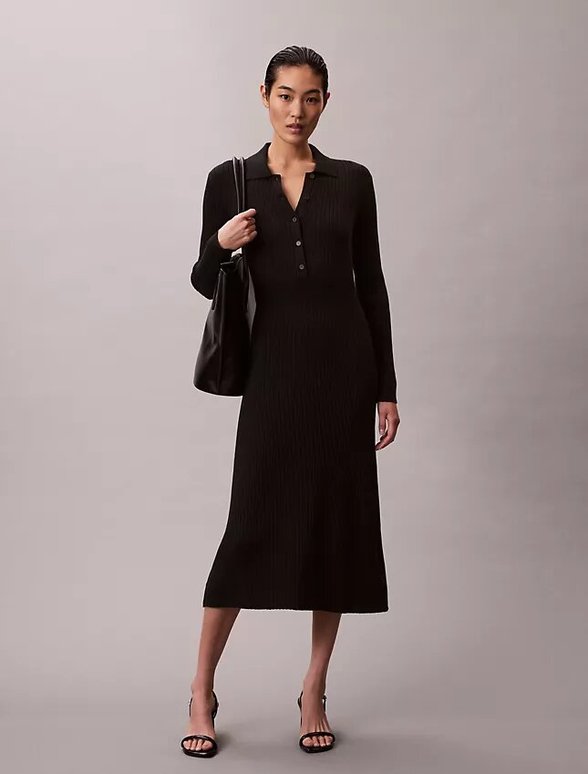Vestido midi de algodón liso acanalado Vestido midi de algodón liso acanalado
