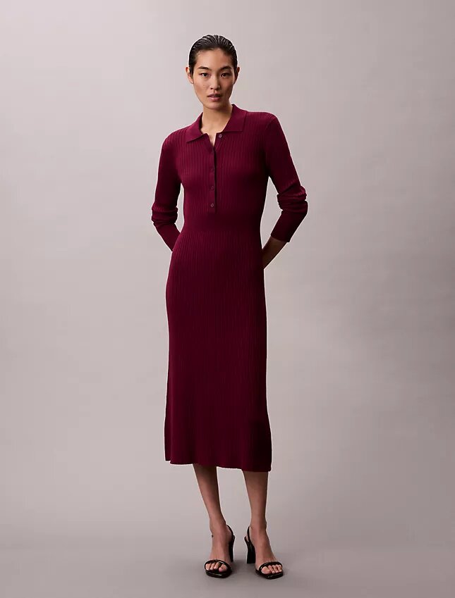 Vestido midi de algodón liso acanalado Vestido midi de algodón liso acanalado