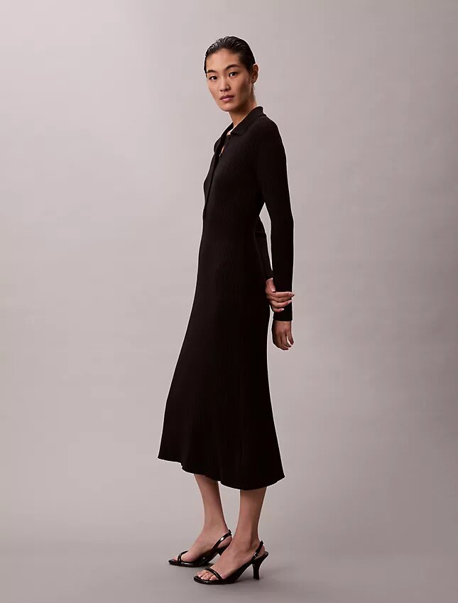Vestido midi de algodón liso acanalado Vestido midi de algodón liso acanalado