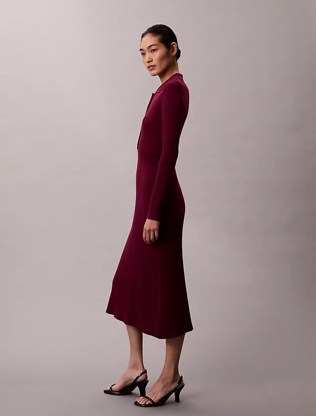 Vestido midi de algodón liso acanalado Vestido midi de algodón liso acanalado