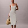 Vestido midi de mezcla de lino con cuello redondo Vestido midi de mezcla de lino con cuello redondo