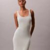 Vestido midi de mezcla de lino con cuello redondo Vestido midi de mezcla de lino con cuello redondo