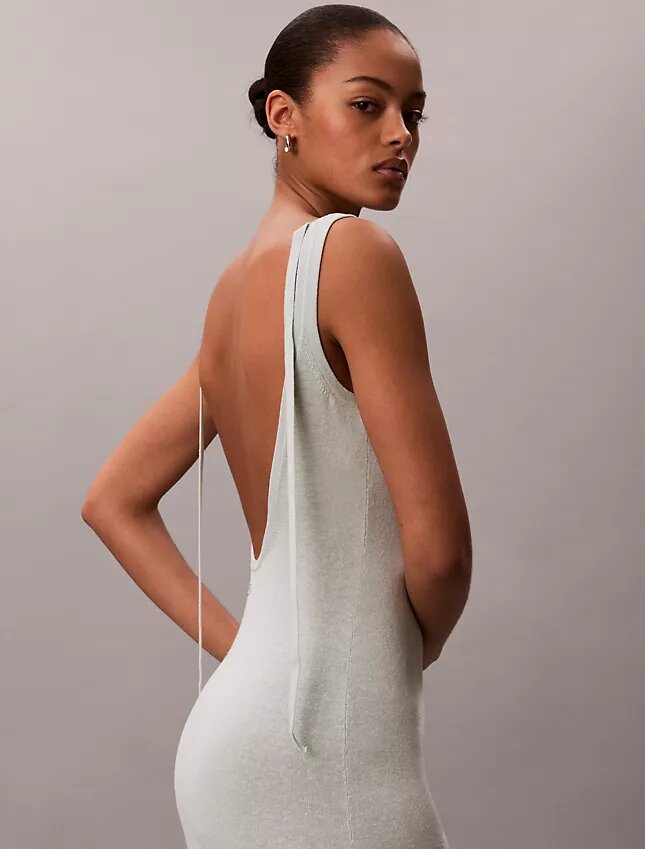 Vestido midi de mezcla de lino con cuello redondo Vestido midi de mezcla de lino con cuello redondo