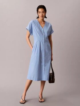 Vestido midi de popelín de algodón a rayas
