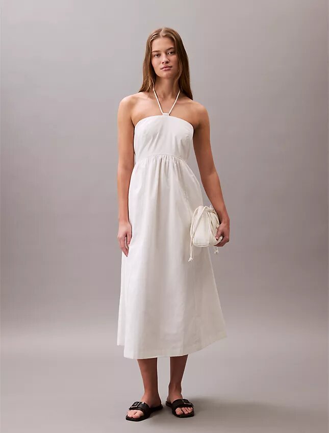 Vestido midi de sarga de algodón con cuello halter Vestido midi de sarga de algodón con cuello halter