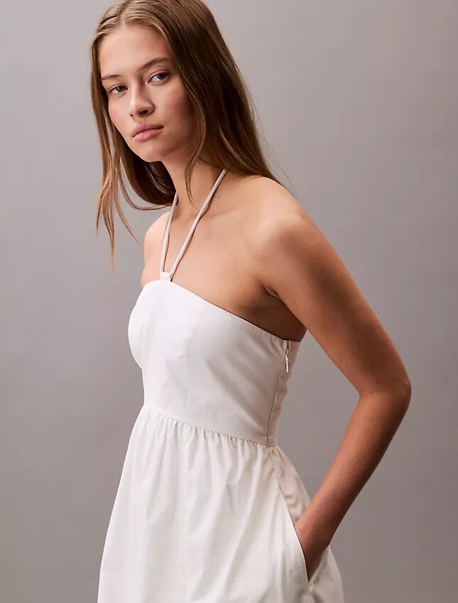 Vestido midi de sarga de algodón con cuello halter Vestido midi de sarga de algodón con cuello halter