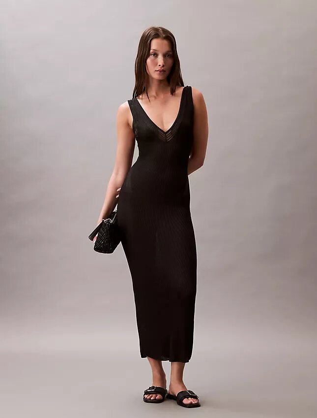 Vestido midi de viscosa acanalada Vestido midi de viscosa acanalada