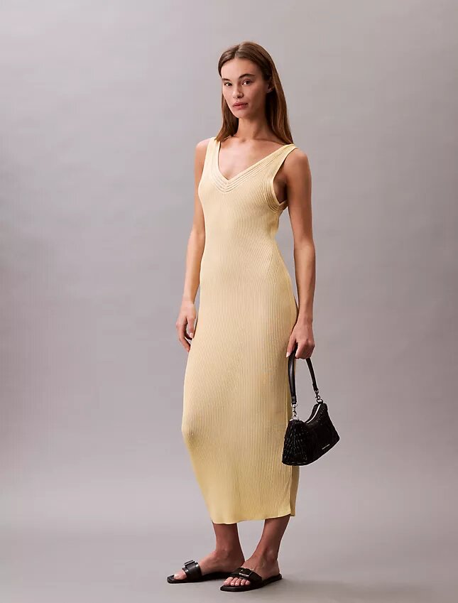 Vestido midi de viscosa acanalada Vestido midi de viscosa acanalada