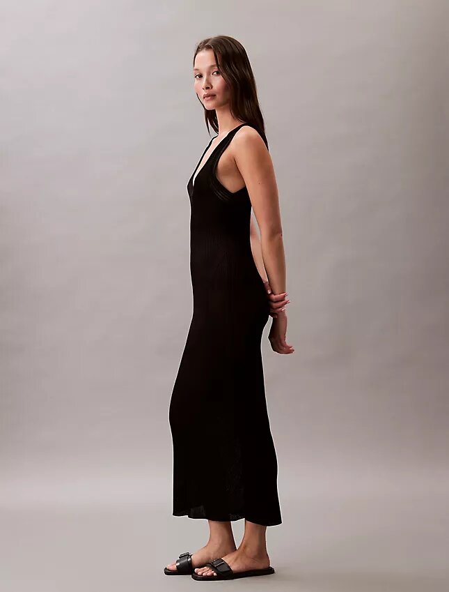 Vestido midi de viscosa acanalada Vestido midi de viscosa acanalada